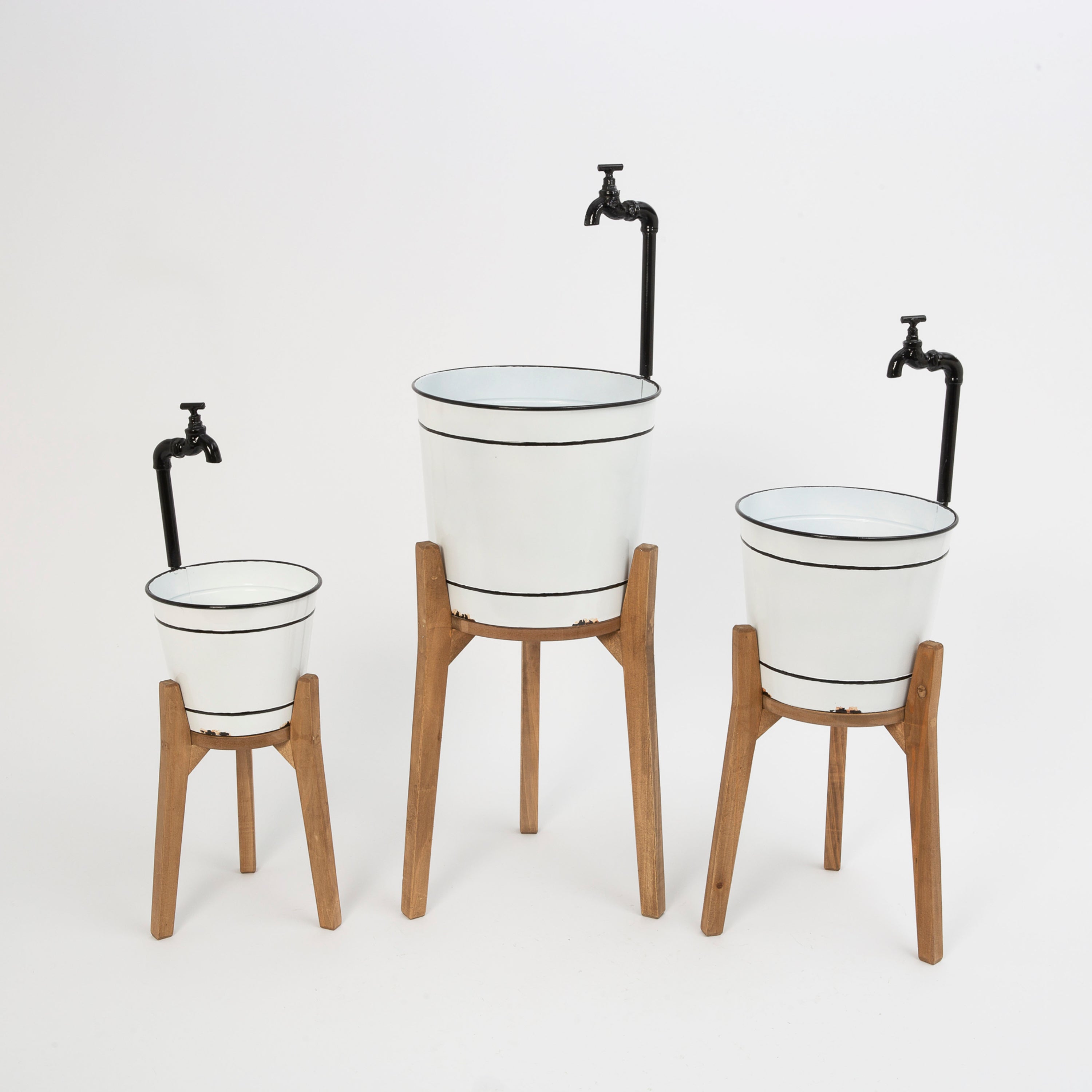 Set of 3 Rustic Metal Faucet Planters with Wooden Stand